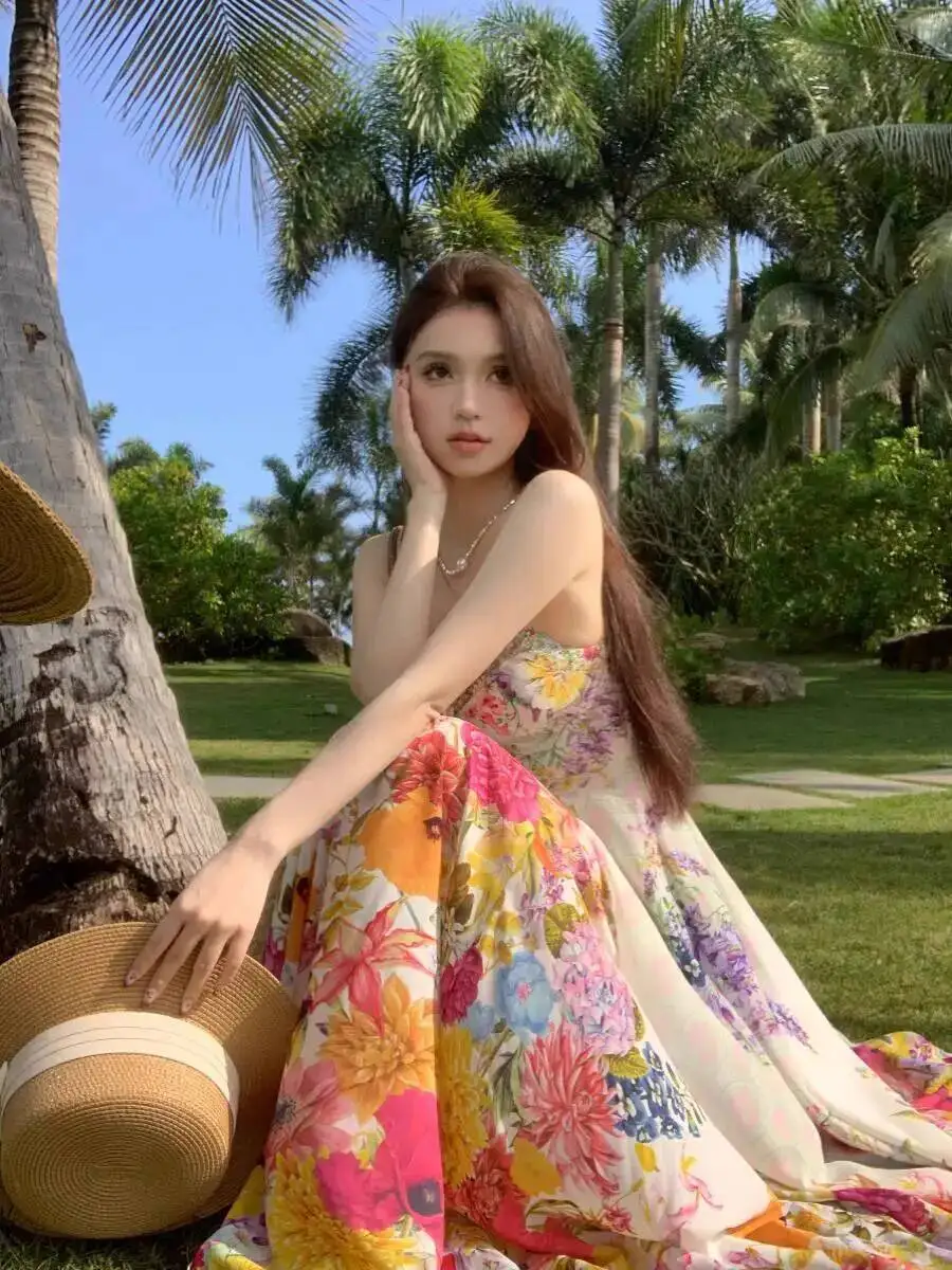 

Women Dress Summer New Women's French Floral Print Slip Dress - Slim Waist A-Line Maxi Dress, Beach Vacation Style