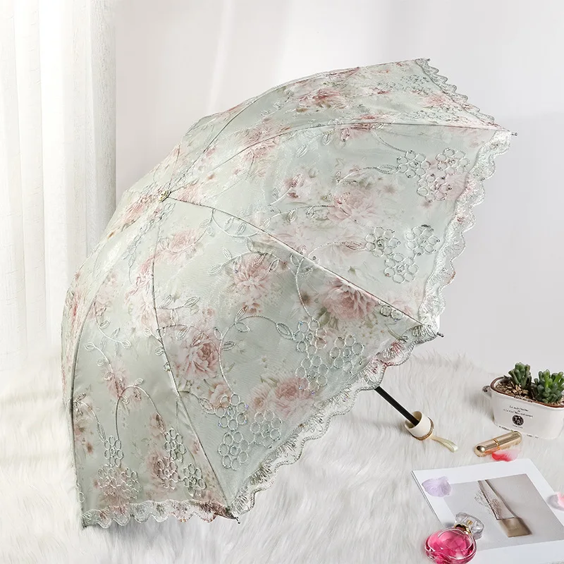 Fashion Vintage Embroidered Lace Folding Princess Umbrella Summer Outdoor Portable UV Protection Sun Umbrella Sunny Umbrella