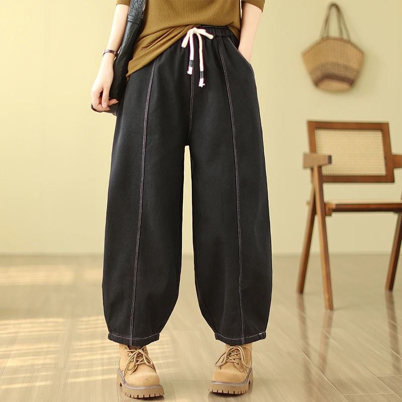 Retro Fce Spodnie dżinsowe z podszewką, codzienne, z wysokim stanem, szerokie nogawki, jesienno-zimowe, nowe, dla wysokich kobiet, spodnie typu latarnia z wysokim stanem.