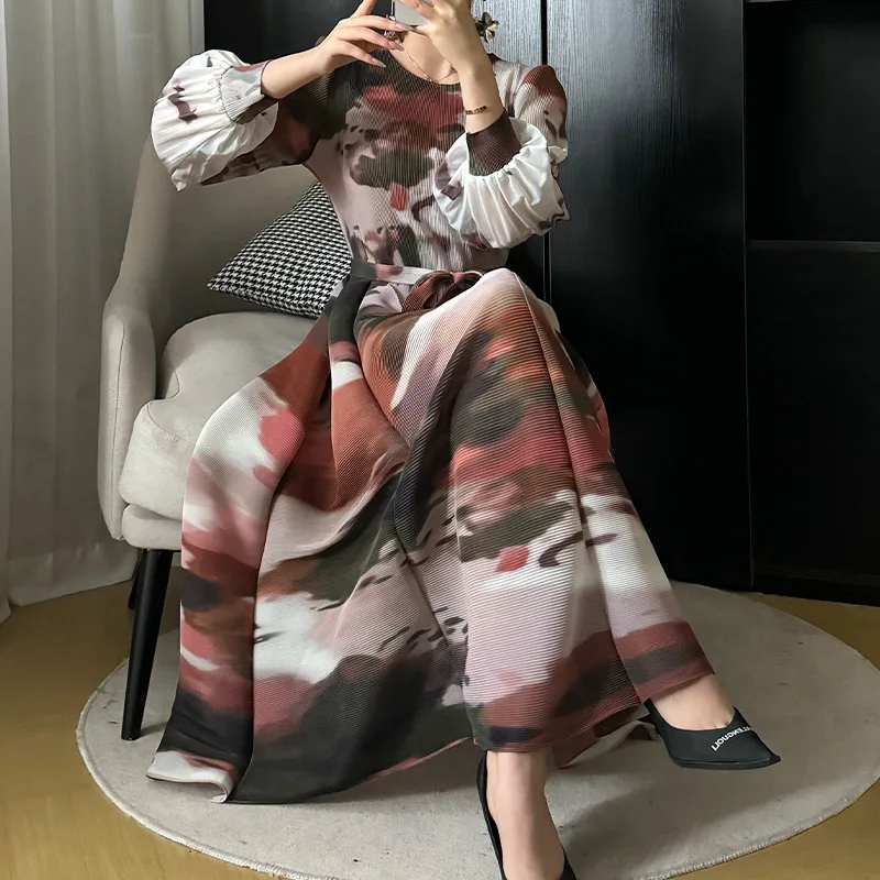 

Miyake Pleated 2024 Spring/Summer New Women's Print Loose Long Sleeve Lace Up Fashion Long Flower Bud Dress