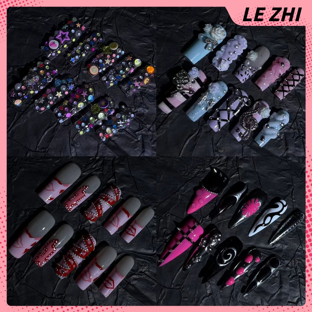 

Spicy Girl Sanrio Hello Kitty Handmade Long Coffin Press On Nails Diamond Five-Pointed Star Bow Leopard Print Stripes Fake Nail