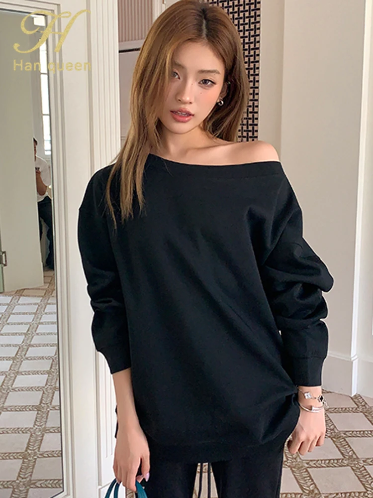 

H Han Queen, новая осенняя элегантная футболка с длинными рукавами, простые футболки в ленивом стиле, женские винтажные рабочие повседневные топы, свободная женская одежда