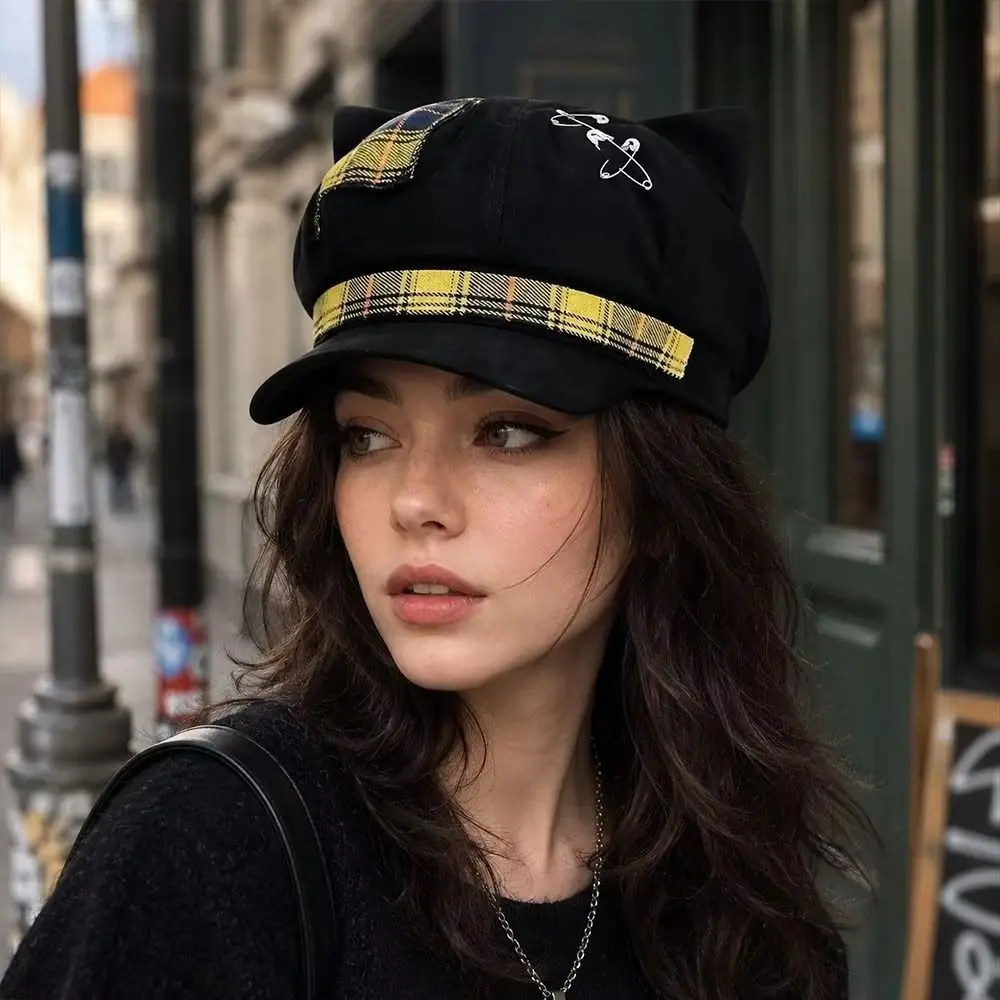 Casual Thin Brim Cat Ears Beret Hat Irregular Spice Girl Painter Artist Cap Y2K Cross Newsboy Peaked Hat Photography Prop