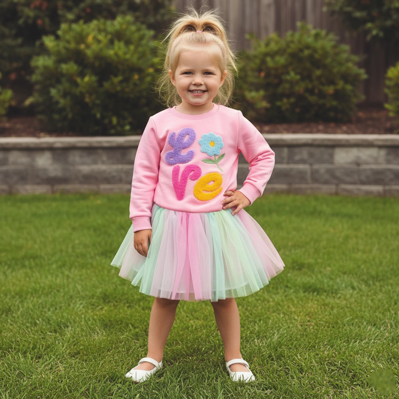 1-5Y Toddler Girl Skirt Set Floral Letter Embroidery Long Sleeve Crew Neck Pullover Sweatshirt Elastic Waist Rainbow Tulle Skirt