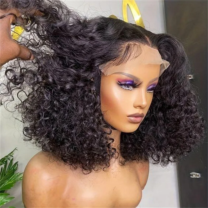 Short Soft Glueless Natural Black 180% 16lnch Kinky Curly Lace Front Wig For Women With Baby Hair  Preplucked Daily Wig