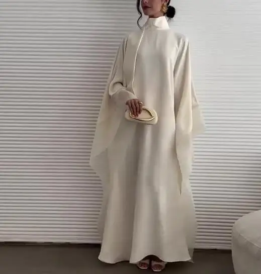 

Spring New Fashionable Personalized Elegant Temperament Women's Trendy Stand Up Collar Bat Sleeve Design Silk Satin Loose Dress