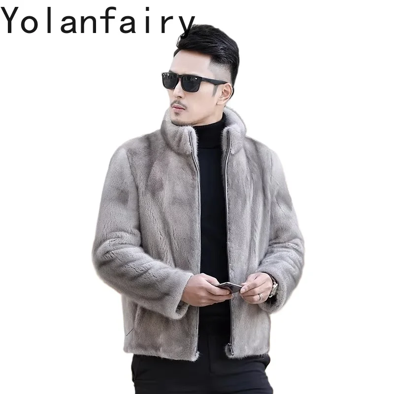 

Мужская зимняя шуба YOLANFAIRY из натурального меха норки, с воротником-стойкой, короткая, серая, из цельного меха, натуральная шуба, верхняя одежда для мужчин, Abrigos