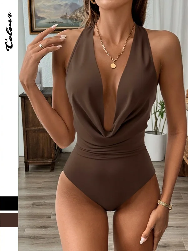 

Sexy V-ne Jumpsuit for Women Hanging Ne Pure Color High Waist ort Pants Thin Model Chinese Brand Spring Summer Autumn