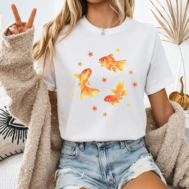 Unisex Watercolor Goldfish Star Minimal Art Graphic T Shirt Lucky Traditional Symbol Daily Streetwear Top