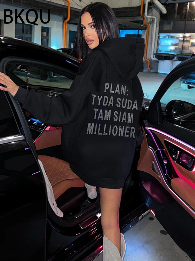 BKQU-Sudadera de manga larga con letras de diamantes de imitación para mujer, Jersey holgado de gran tamaño, ropa de calle, color negro, 2023