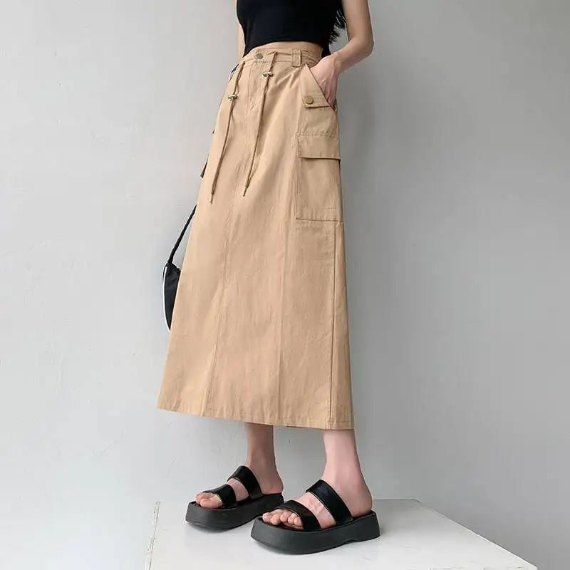 

Американская женская юбка-карго на шнурке, новинка лета 2026, ретро, свободная, повседневная, прямая, с разрезом, длинная