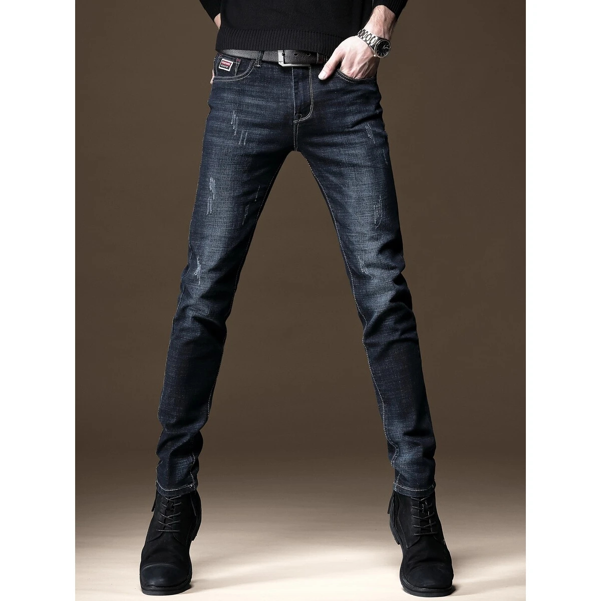 

Высококачественные модные эластичные джинсы для мужчин, осенне-зимние, утепленные, трендовые, брендовые, облегающие, буткат, корейская версия, повседневные