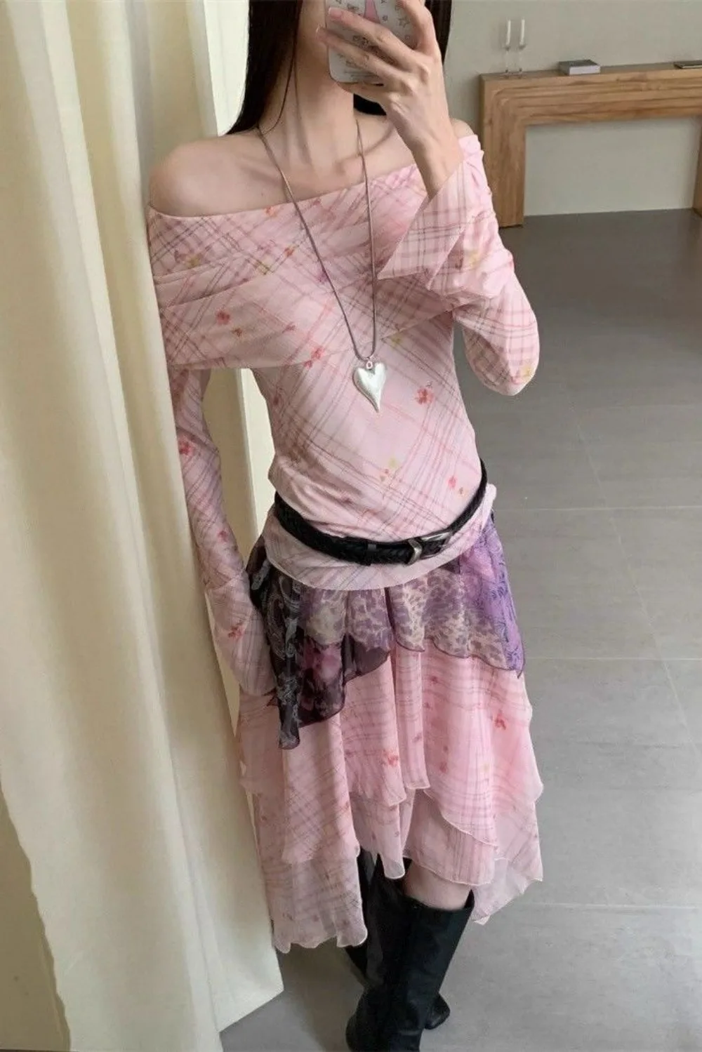 

French Rhapsody Chiffon Skirt Set Women Off Shoulder Ruffle Top Plaid Midi Skirt Asymmetrical Floral Print T Shirt Two Piece Coo