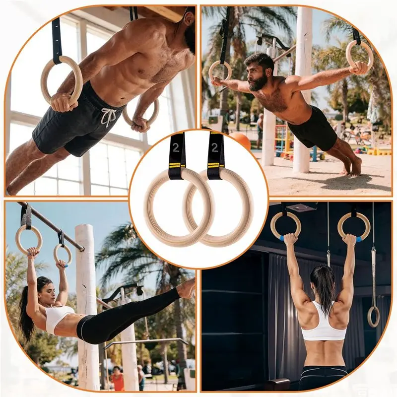 HOTB72A Wooden Gym Rings Numbered Strap Rings Wooden Gymnastic Rings Calisthenics Equipment