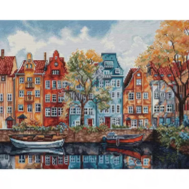 Counted Canvas Cross Stitch Kit, Copenhagen, City Street, River Boat, Colorful House, Luca-S BU5046, Embroidery, DIY 14CT