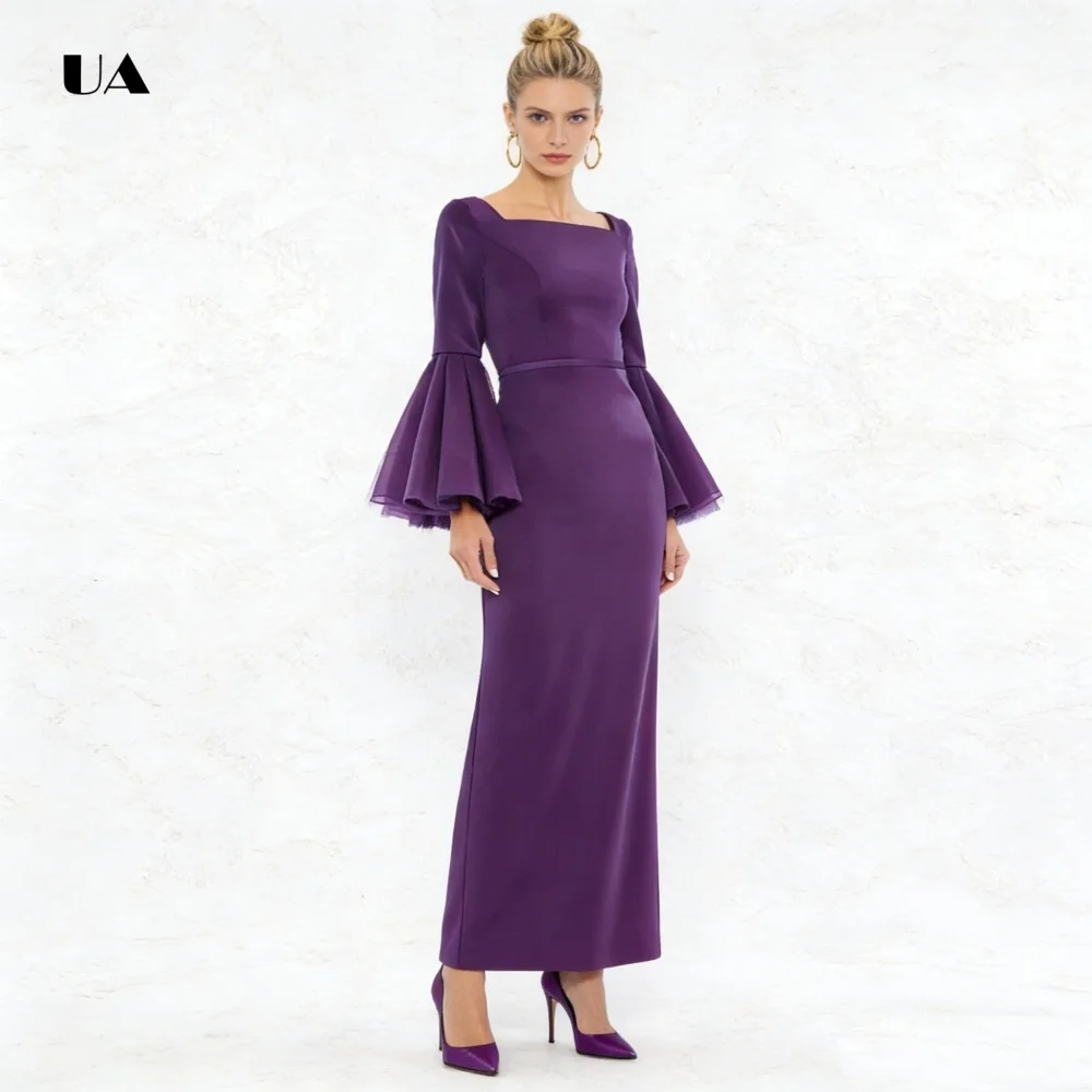 

ULBYANRY Straight Prom Dress with Square Neck, Solid Evening Dress with Tulle Flounce Sleeves, Elegant Customized Party Gown