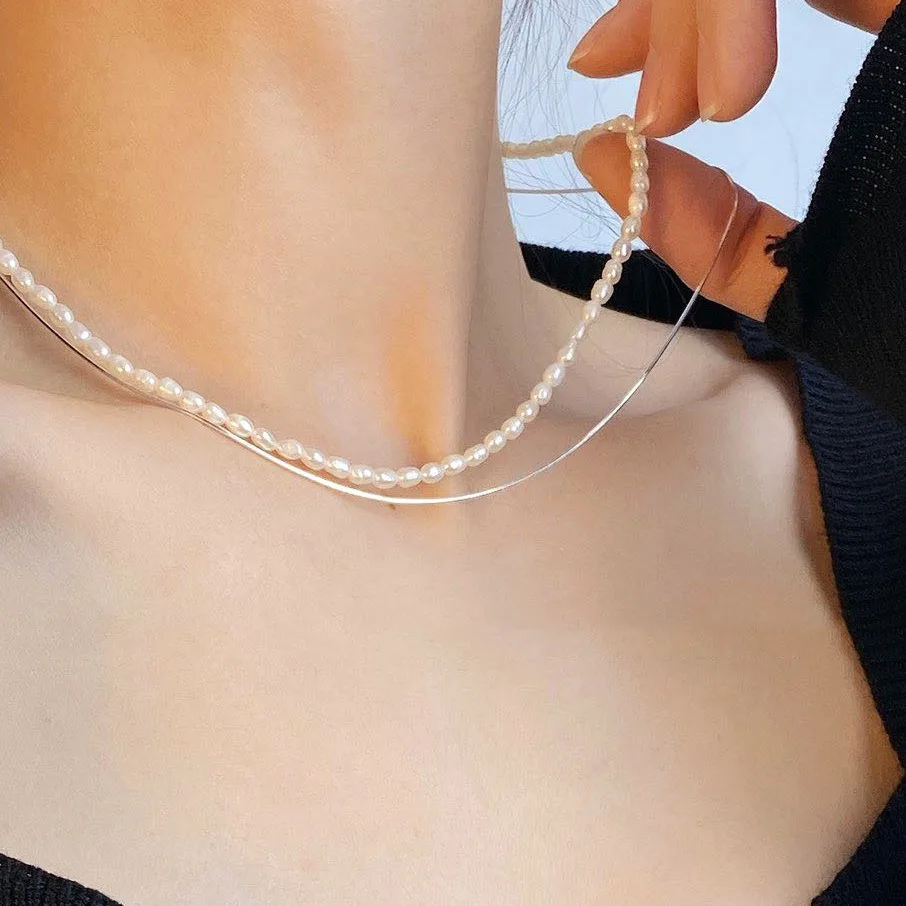 

S925 Silver Simple Niche Design Double Snake Bone Pearl Necklace Ladies Cold Hong Kong Style Clavicle Chain