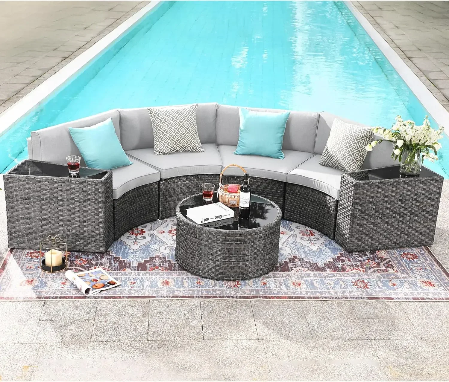 Outdoor Patio Furniture Sectional Sofa Set with Round Coffee Table,4 Pillows & Waterproof Cover,Grey Rattan & Light Grey Cushion