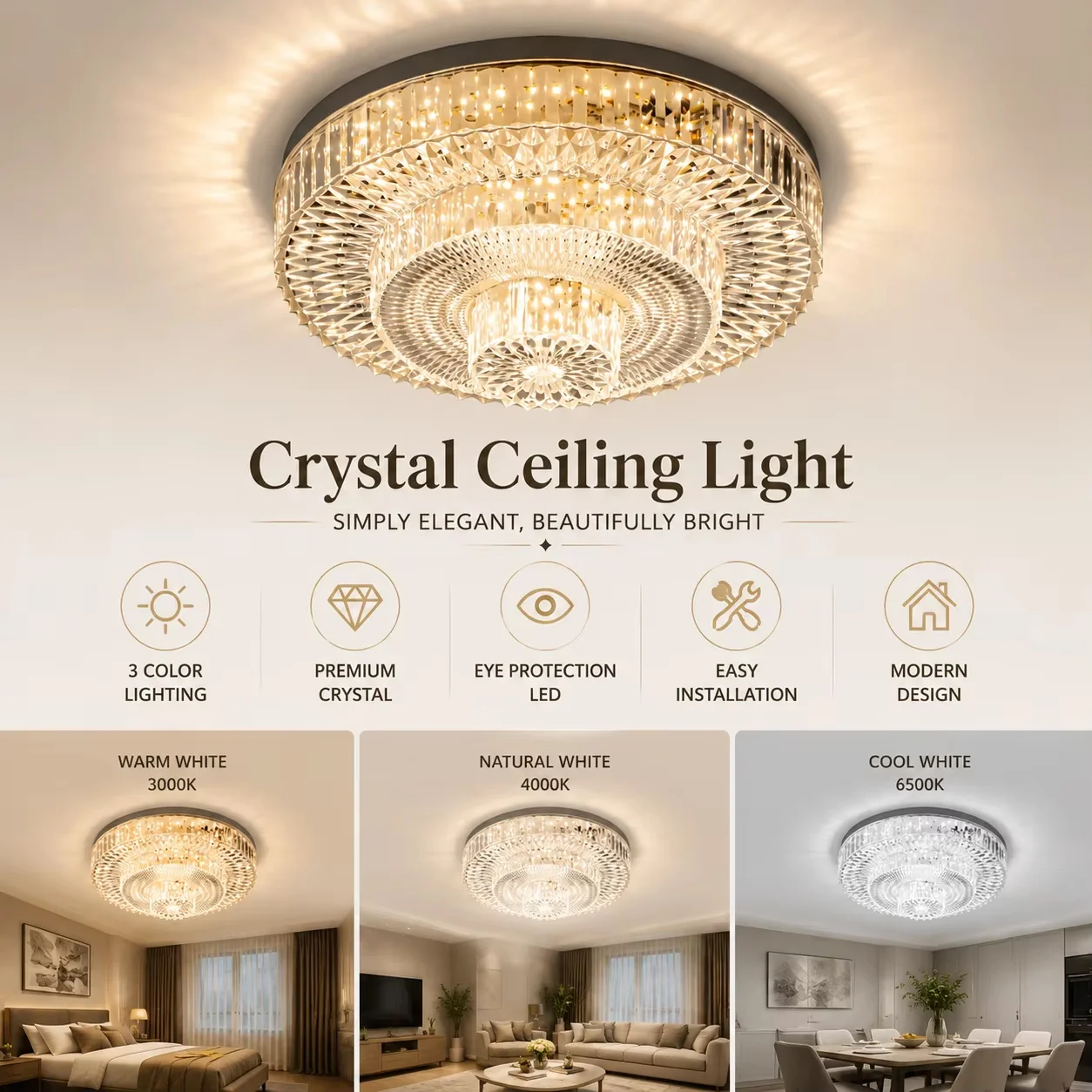  LED Crystal Embedded Ceiling Light for Home Living Room Corridor Porch Balcony - Decorative Indoor Lighting Lamp AC 165-285V
