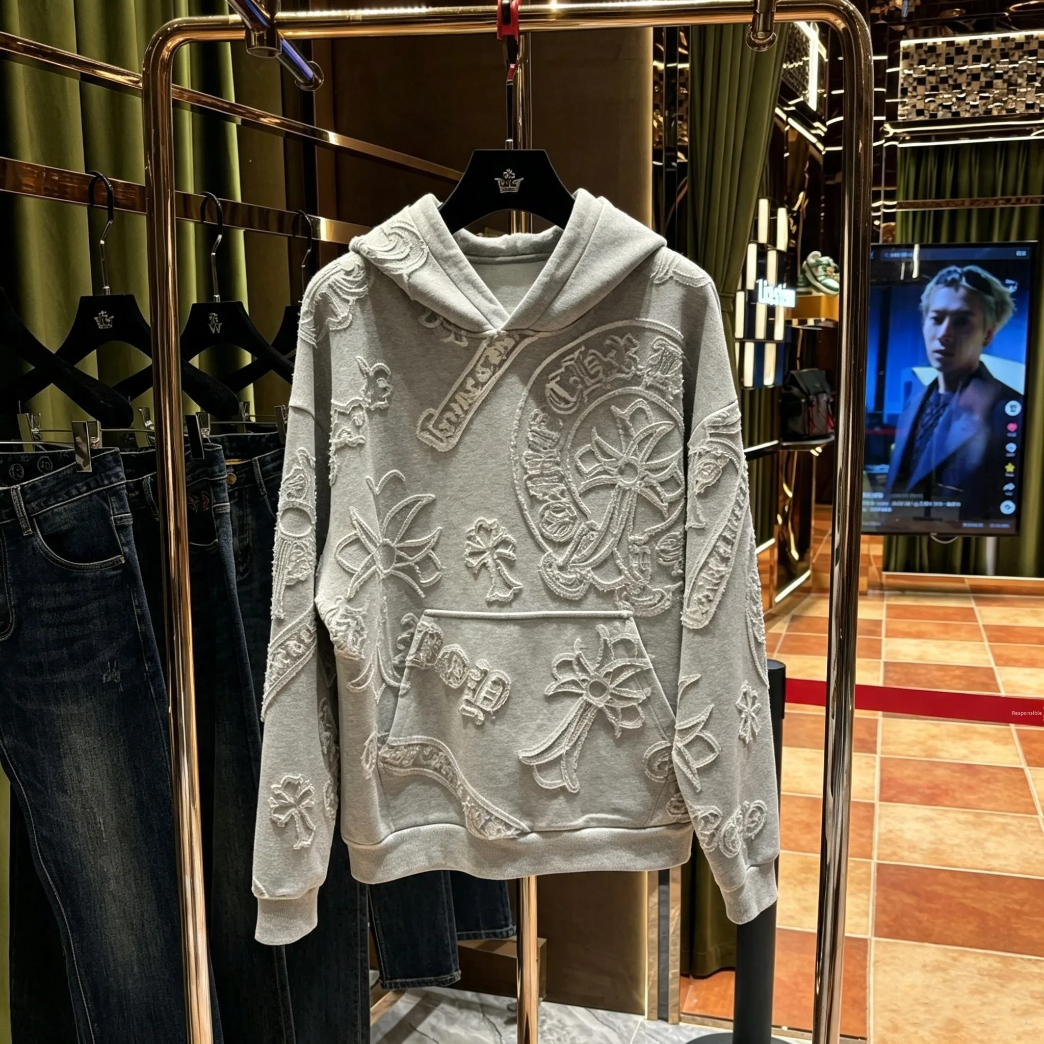 American Design Sense Trendy Brand Embroidered Cross Stitched Hoodie Sweatshirt Men's Loose Heavyweight Pure Cotton Jacket