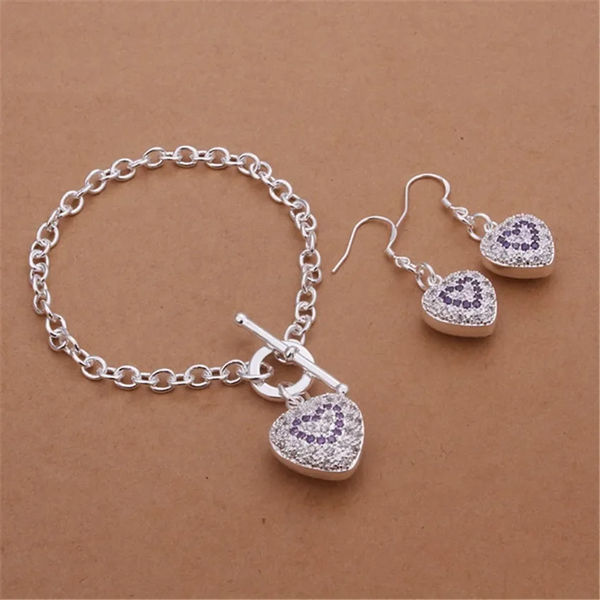 

Уличные универсальные серьги из стерлингового серебра 925 пробы, романтические серьги с кристаллами в форме сердца, браслеты, комплекты ювелирных изделий для женщин, модный свадебный подарок для вечеринки