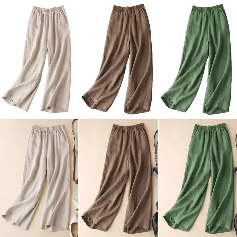 Calça de perna larga feminina com elástico na cintura, calça chique, calça monocromática, cintura alta, elegante