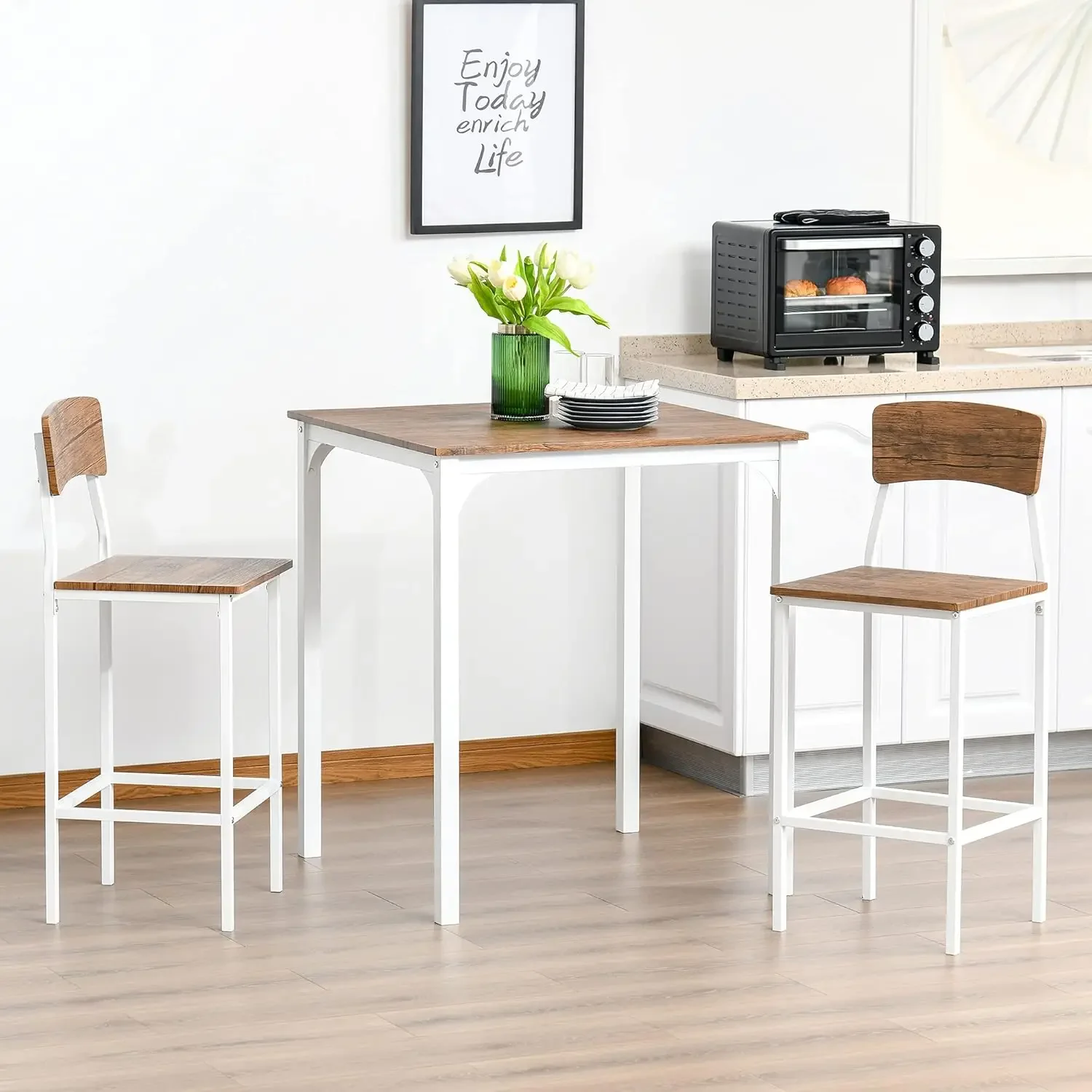 Industrial Small Dining Table Set for 2, Square Kitchen Table and Stools with Steel Frame, Walnut and White