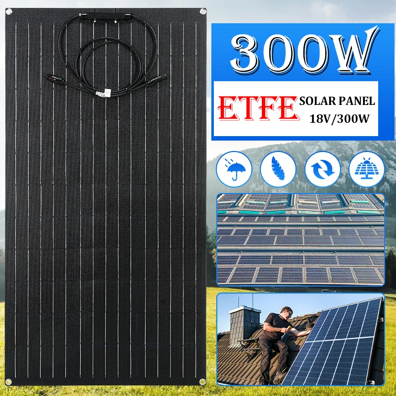 

ETFE 300W Solar Panel 18V Semi-flexible Monocrystalline Solar Cell DIY Cable Outdoor Car RV Waterproof Rechargeable Power System