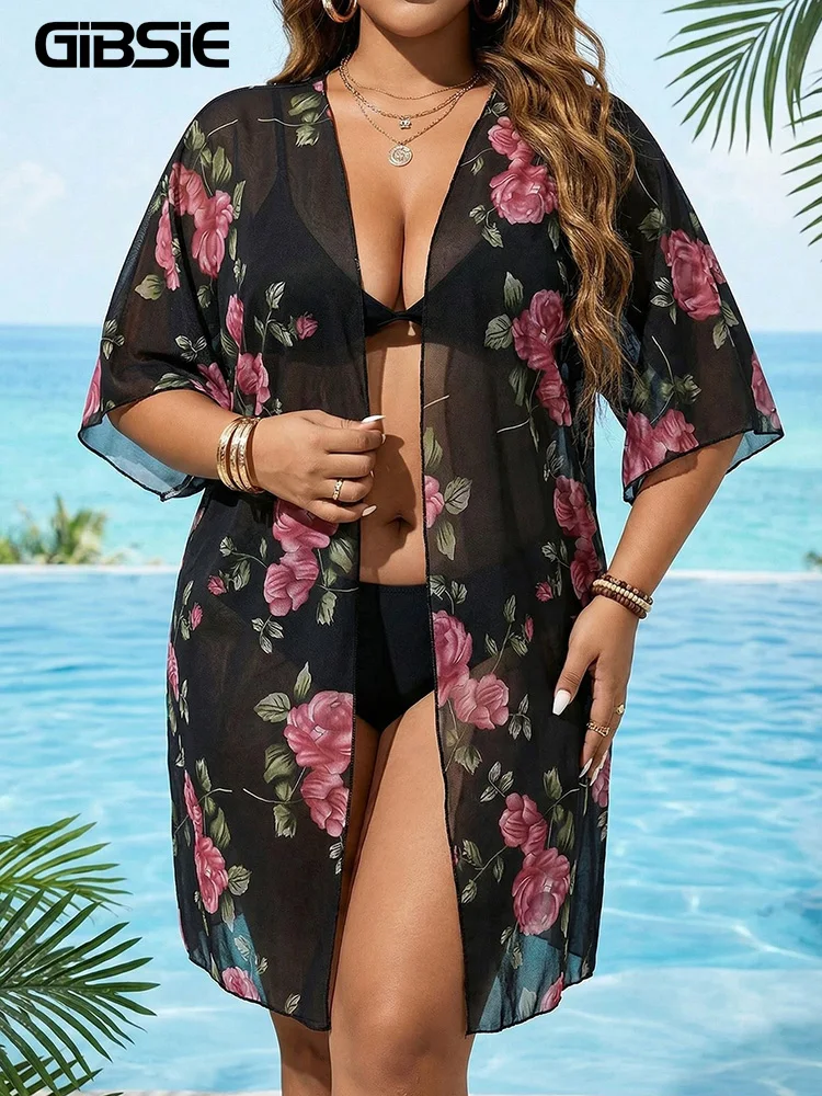 

GIBSIE Plus Size Floral Print Batwing Sleeve Bikini Cover Up Women Summer Vacation Loose Kimono Female Bathing Suit Beachwear