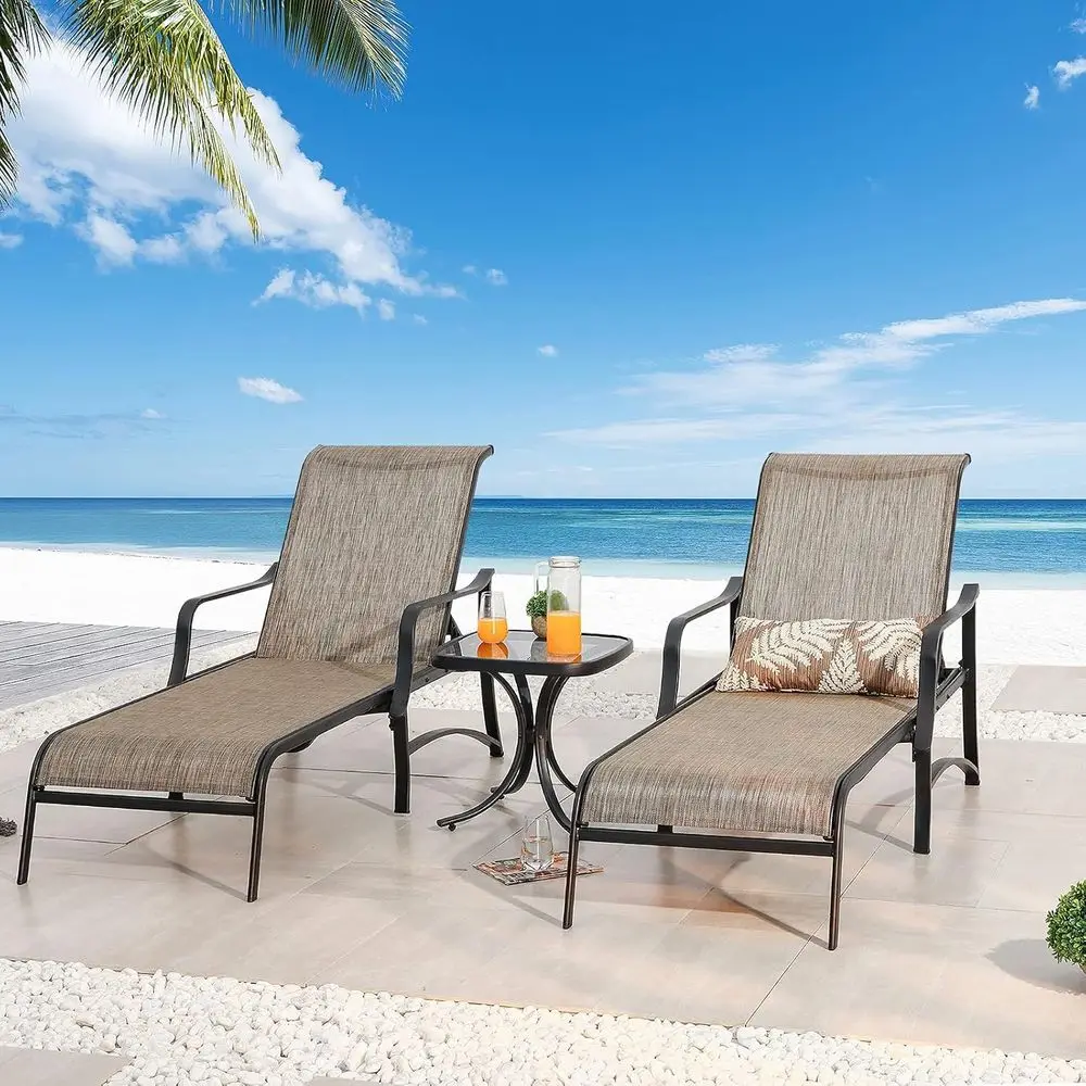 Juego de 3 tumbonas para exteriores, ajustables para patio, piscina o playa (gris marrón taupe)