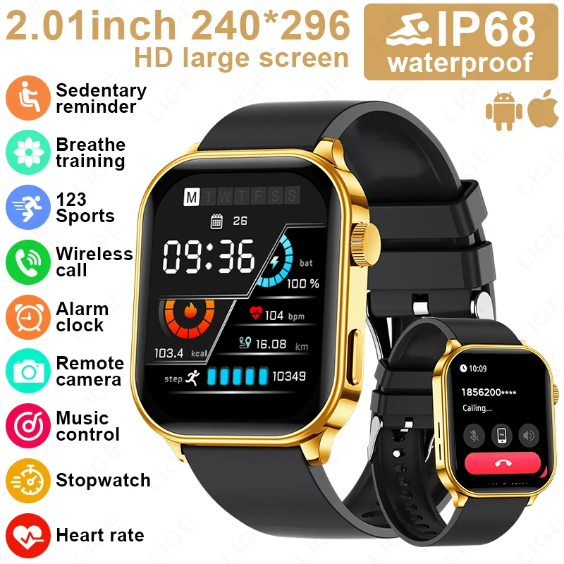 

LIGE 2.01'' Smart Watch Men Women Heart Rate Health Monitor Sports Fitness Bluetooth Call IP68 Waterproof Alarm Clock Smartwatch