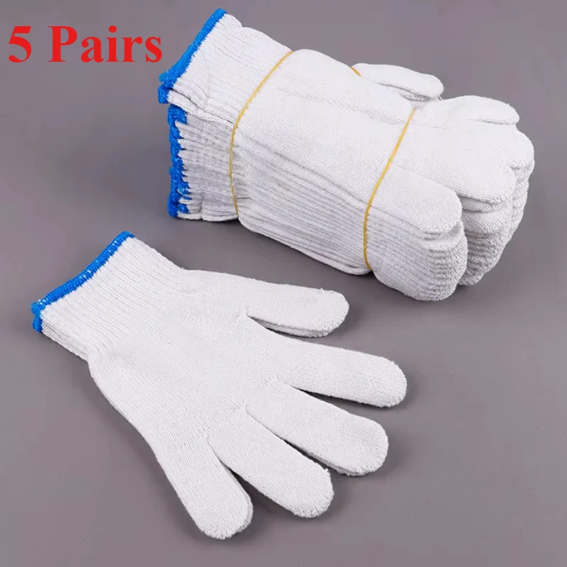 5 Pairs Gardening Gloves Protective Cotton Thread Household Gloves Work Thick Nylon White Yarn Wear Resistant Gloves