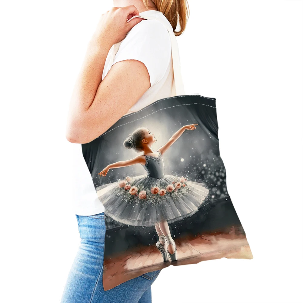 Cartoon Ballet Girl Supermarket Shopper Bag Cute Children Double Print Vintage Lady Tote Handbag Casual Women Shopping Bags