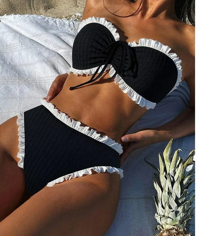 

Женский купальник 2025 года, без бретелек, молодежный плиссированный бюстгальтер с подкладкой для девочек, нижнее белье, сексуальный комплект бикини из 2 предметов с оборками, пляжная одежда