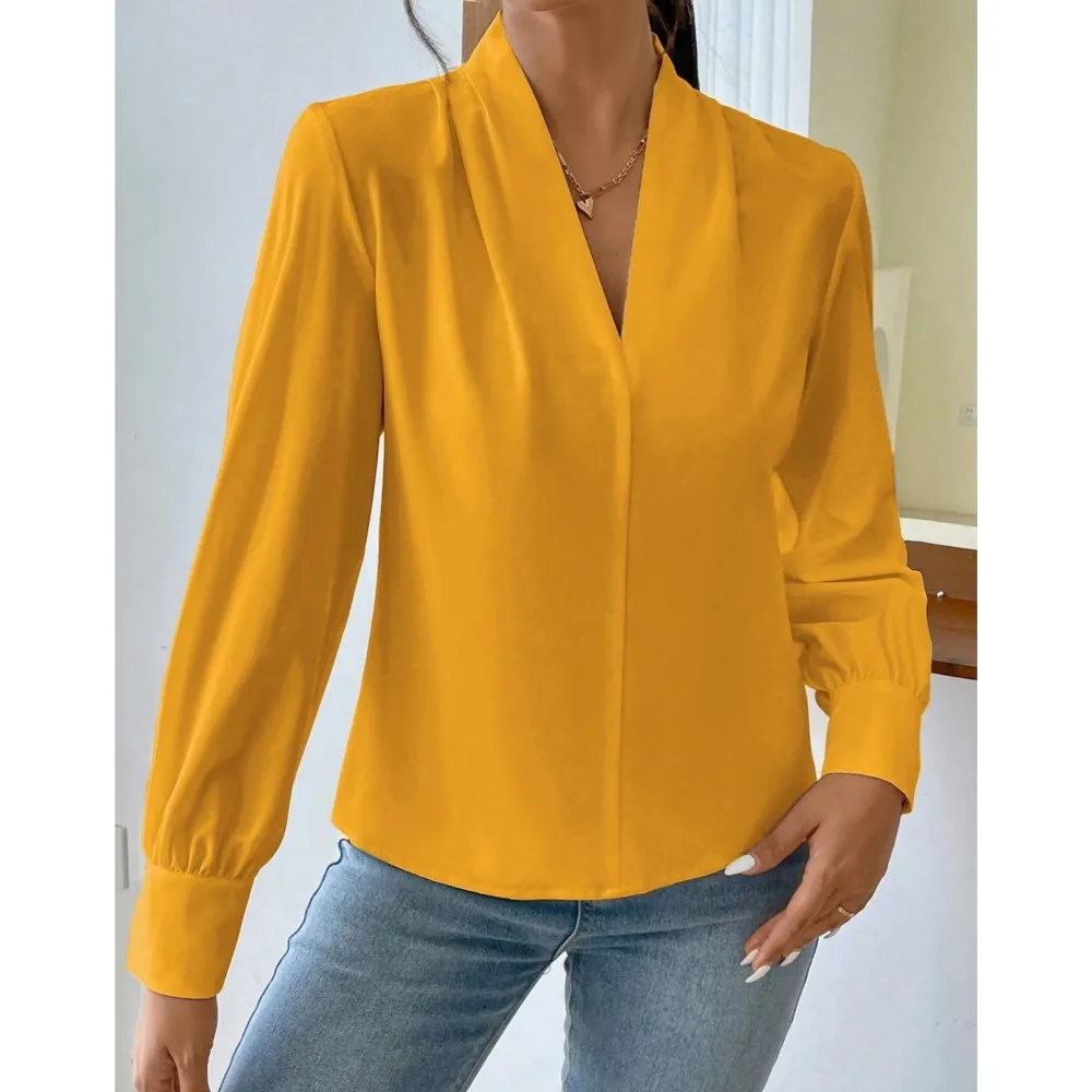 Elegant Office Lady Multi-color Pullover Shirt 2024 Autumn Winter New Long Sleeved Shirts V-neck Solid Color Loose Blouse Blusas