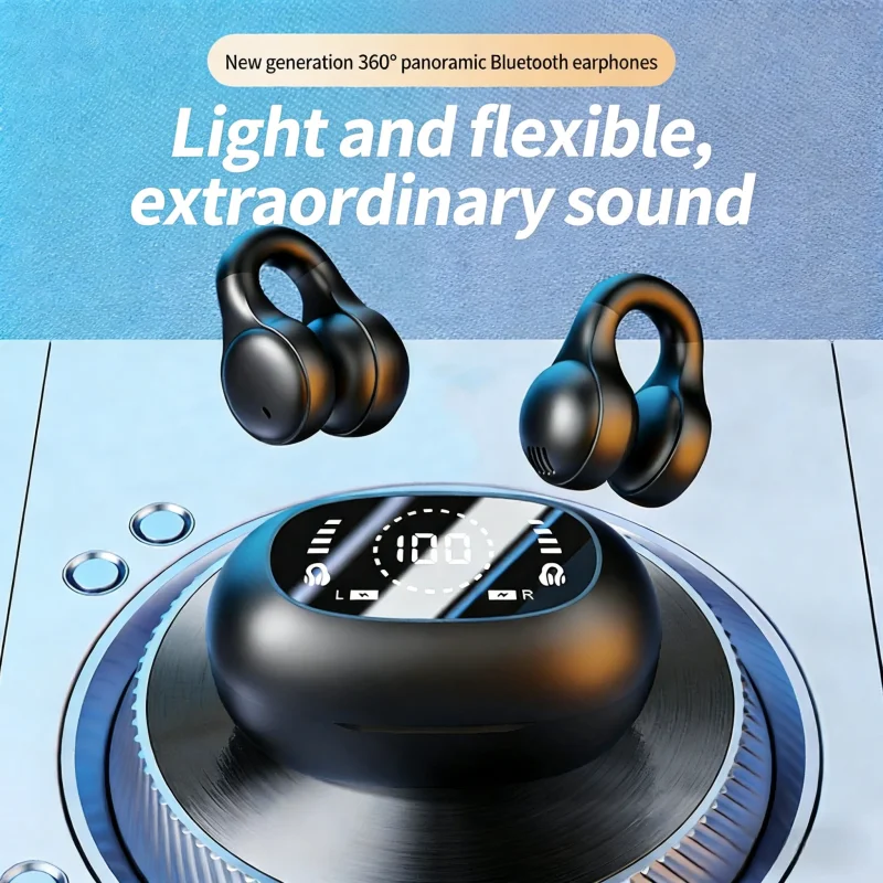 Sports Bluetooth Ear Clip Headphones LED Mirror Screen, HiFi Lossless Sound, Noise Cancelling, Soft Silicone Comfort Earphones