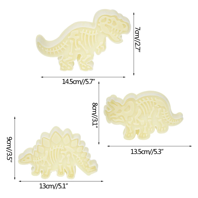 3Pcs Dinosaur Cookie Cutters Skeleton Stamper T-Rex Stegosaurus Triceratops Fossil Cookie Cutters Baking Biscuit Embossing Mould