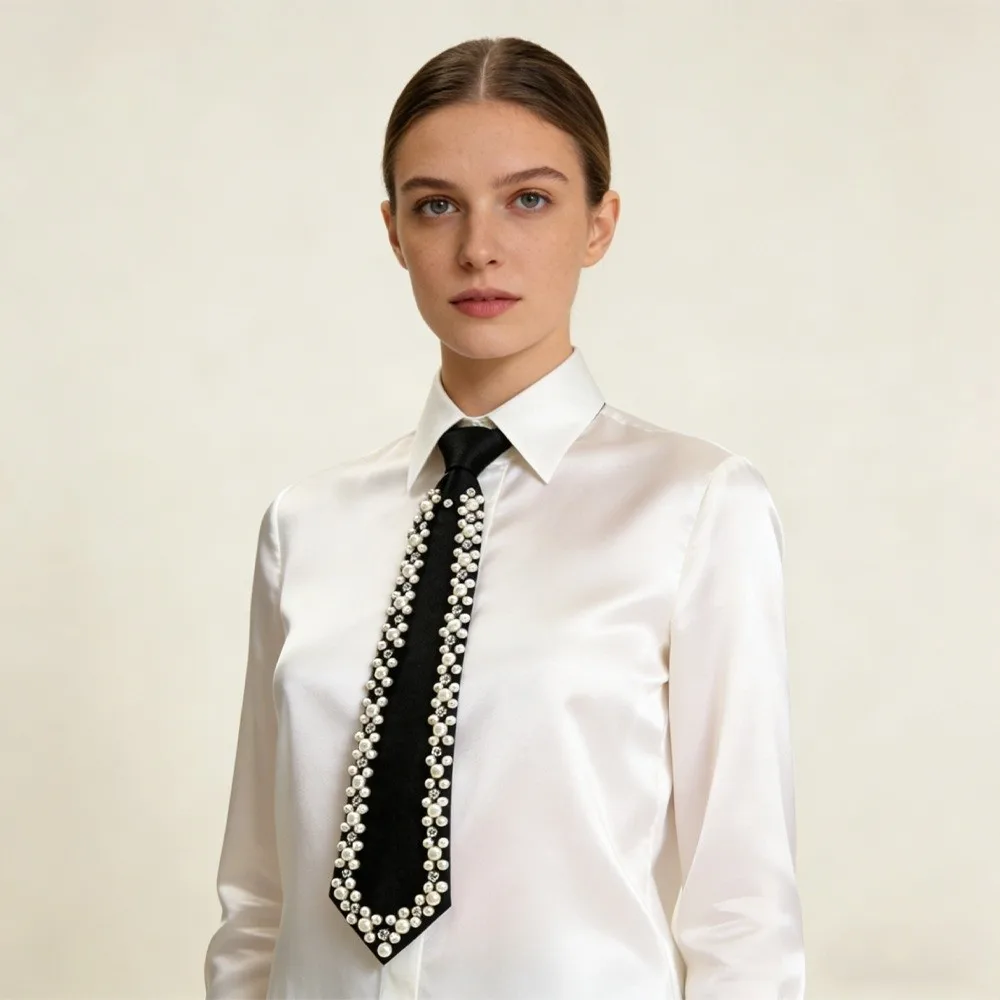 

Rhinestone Pearls Tie Black Korean Style Hand-beaded Long Necktie Geometric Academic Style Decoration Shirt Tie Women