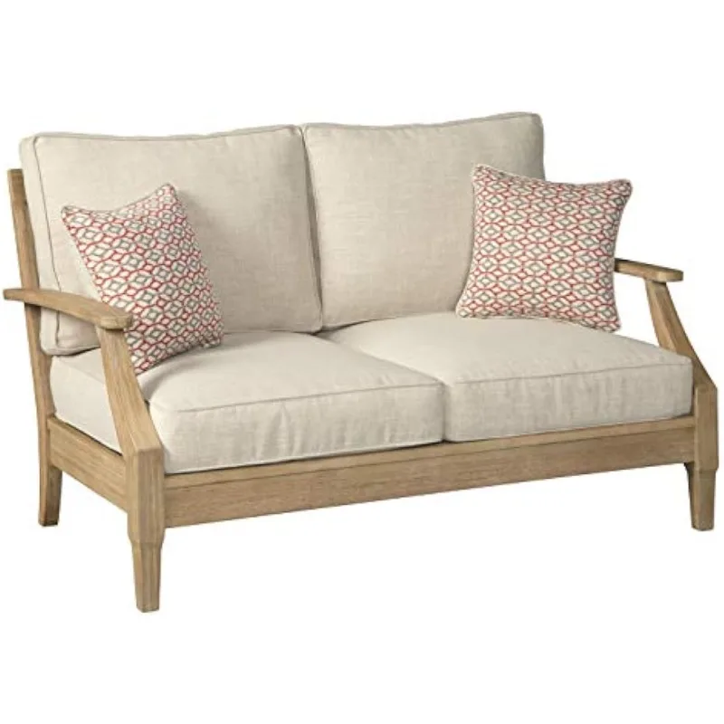 Clare View Coastal Outdoor Patio Eucalyptus Loveseat with Cushions, Beige