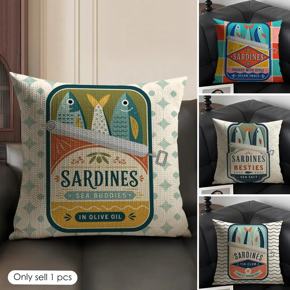 Sardines in A Tin with Striped Cushion Cover Linen Organic Fabric Double-Sided Printing Sofa Breathable Home Decor Pillow Case