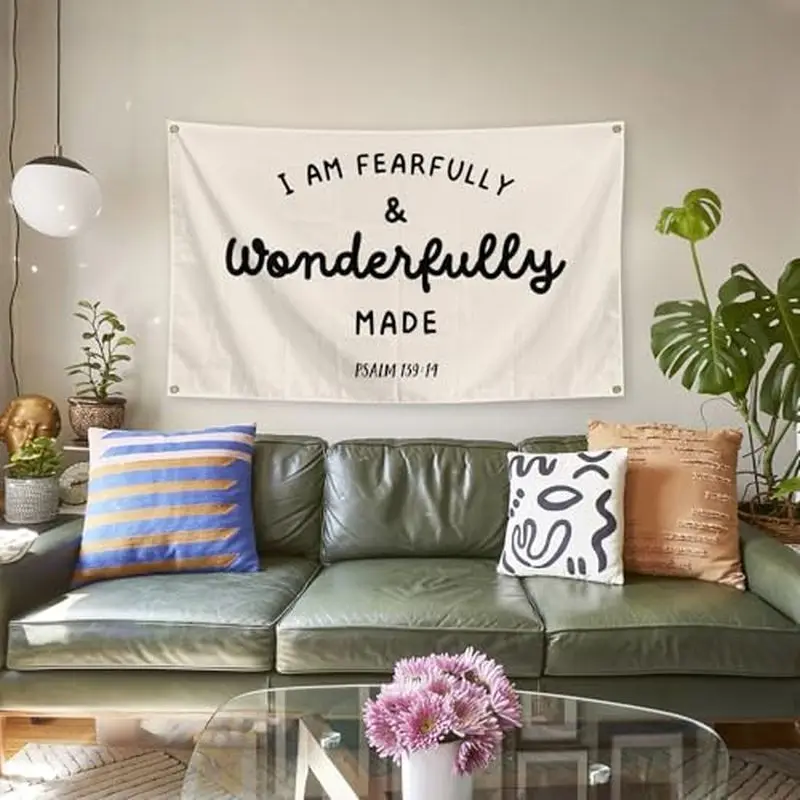 VIKAMA Psalm 139:14 Bible Tapestry, Christian Inspirational Wall Hanging, Faith Wall Decor Bedroom Living Room Home Decoration