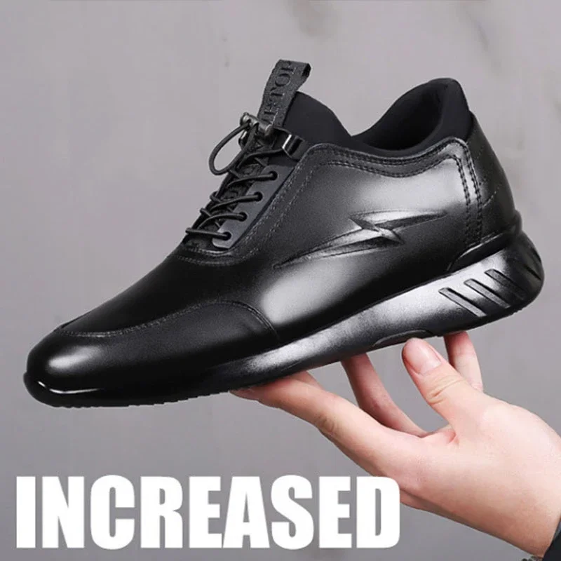 New Men\'s Vulcanize Shoes Men Casual Shoes Leather Design Shoes Height Increase 8Cm Gym Business Fashion Male Sneakers New Black