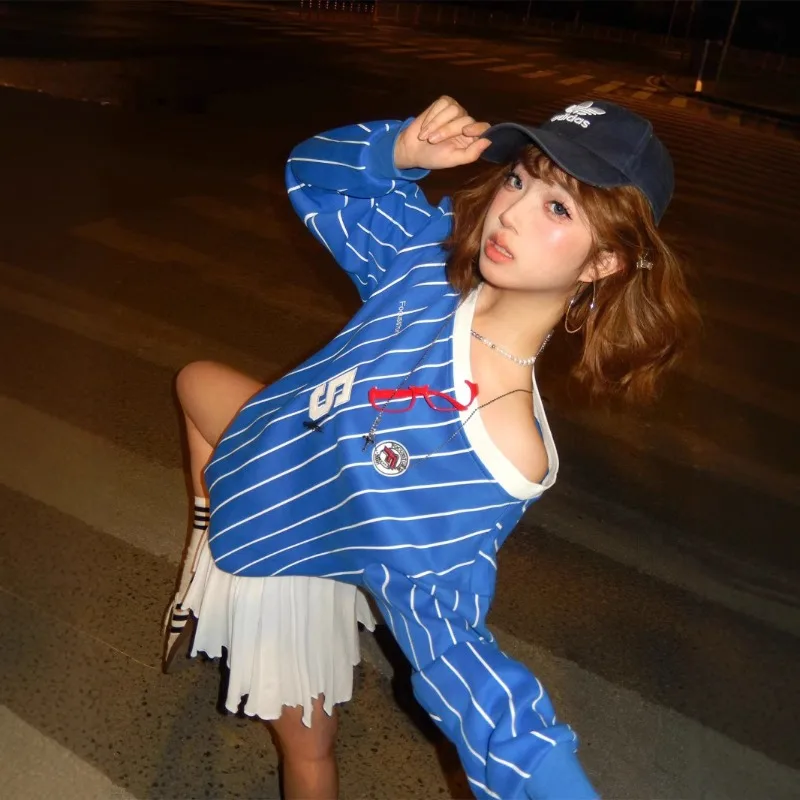 American Retro Spicy Girl Off Shoulder Striped Embroidery Color Blocking Round Neck Long Sleeve Sweat Shirt New Style Women