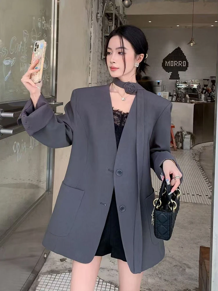 

3D Floral Lace Up Elegant Blazer Women Casual Vintage Long Sleeve Korean Suit Coat Female Sweet V Neck Fall Winter Jacket Tops