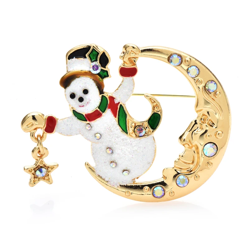 Wuli&baby Catch Star Snowman Brooches Enamel Romantic Stand Moon Snow Figure Christmas New Year Brooch Pins Gifts