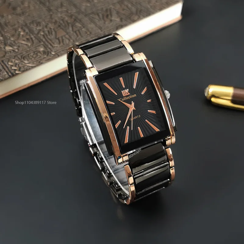 Керамические кварцевые мужские часы, модные роскошные прямоугольные наручные часы с календарем, черное золото, подарки для пары, часы Reloj Hombre
