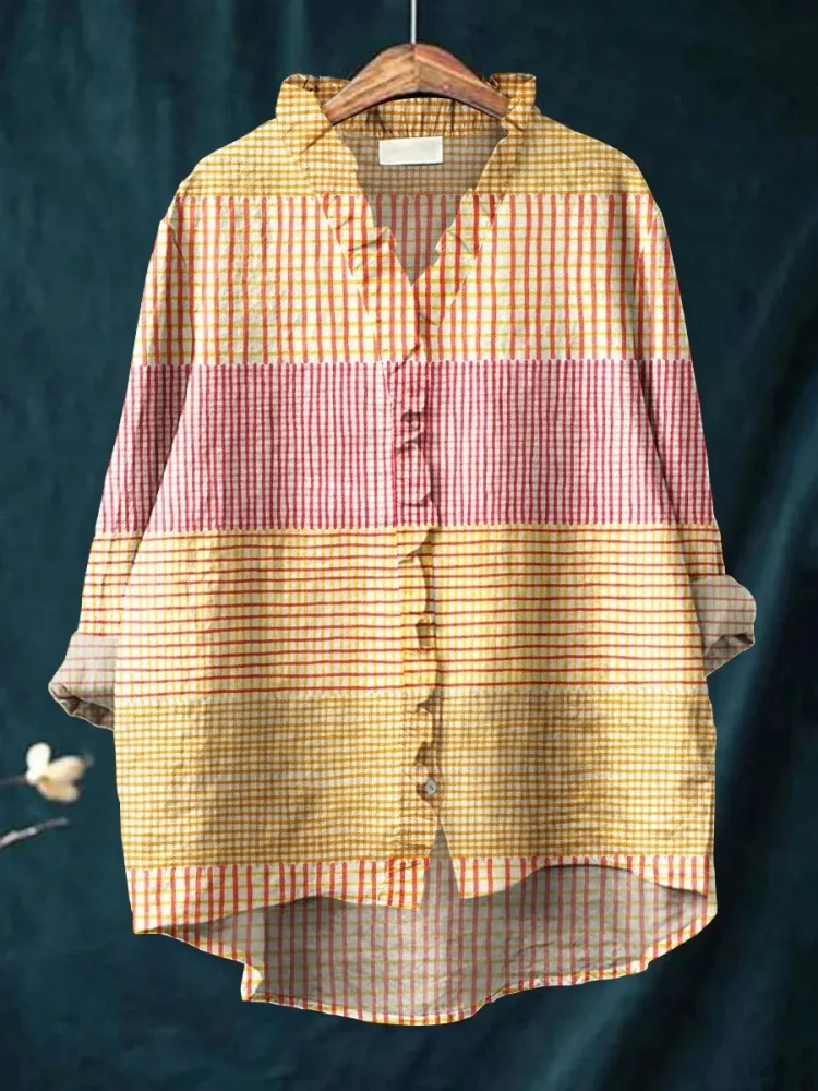 

PLUS SIZE Women's Casual Ruffle Shirt Holiday Party V-neck Stitching Blouse Vintage Colorblock Striped Art Print Long Sleeve Top