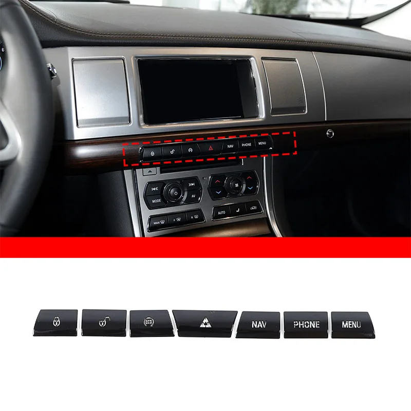 For 12-15 Jaguar XF multimedia button stickers, glossy black, 7-piece set of car central control multimedia accessories