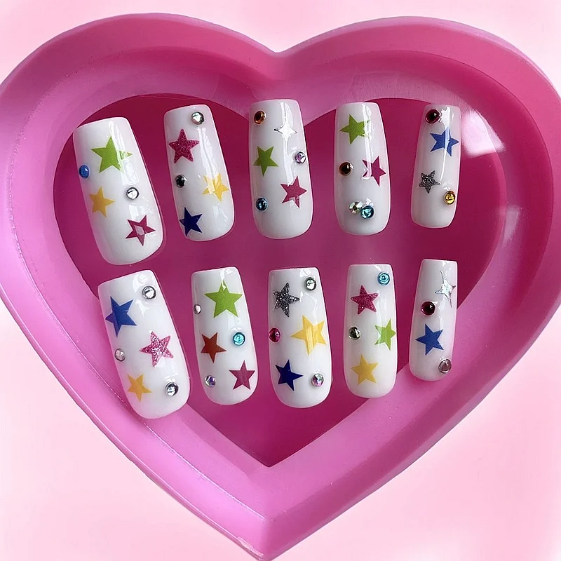 Handmade Y2K Stars Glittery Short False Nails Tips Cute Bear Press On Nail Art DIY Reusable Long Coffin Fake Nail With Glue Gift