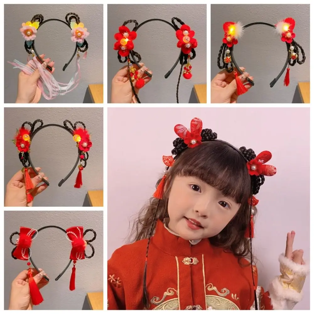 Sweet LED Glowing Hanfu Wig Headband Pigtail Wig Pearl Flower Tassel Hairband Cosplay Red Chinese Style Hair Hoop New Year Gift